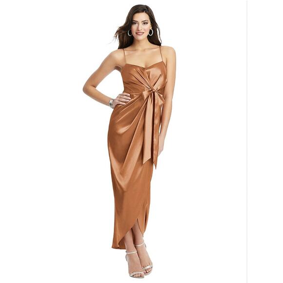 AFTER SIX 6828 Toffee Stretch Charmeuse Draped Midi Dress Size 0R NWT Bridesmaid - Picture 7 of 8
